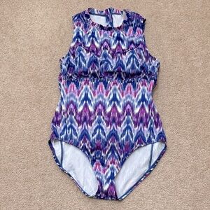 NWT Tommy Bahama Ikat Mirage Half Zip Blue Monday One Piece Swimsuit Size 12